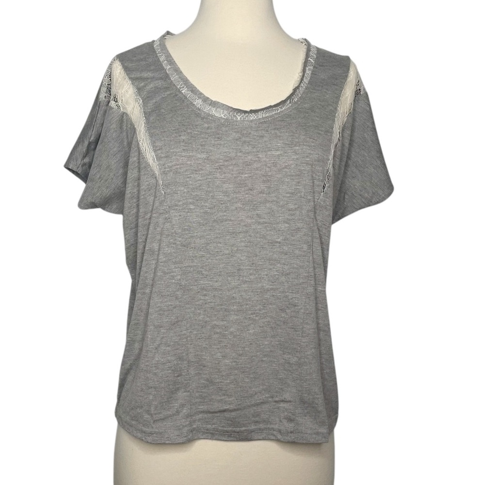 🎈SALE Anthro PINS AND NEEDLES Lace Inset T-Shirt Scoop Neck Tee Top Boxy Boho M